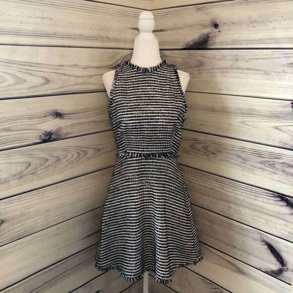 Zara Navy & White Striped Tweed Fit & Flare Dress Size Small - Picture 1 of 8